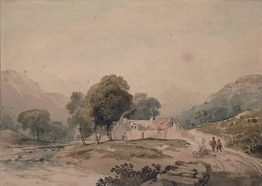 Landscape with cottage and two figures