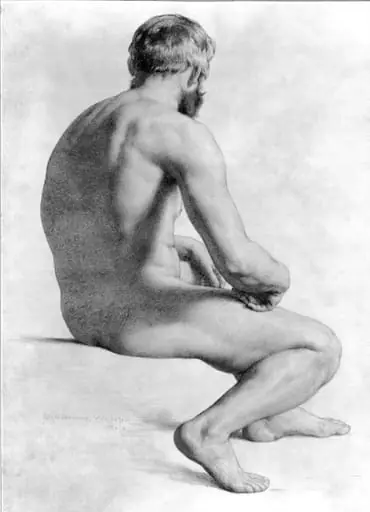 Male nude, seated, three-quarter view from back