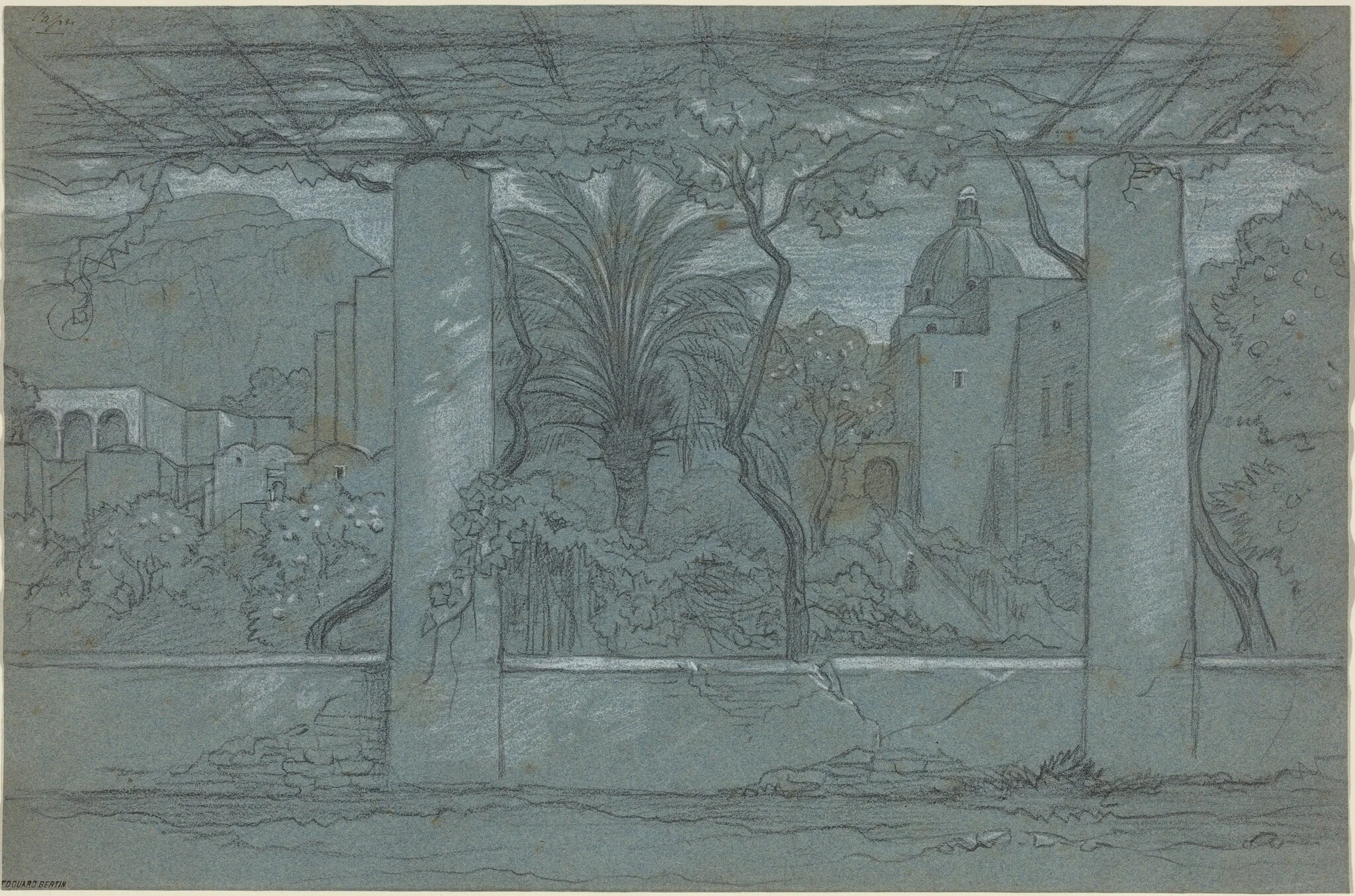 A Terrace and Garden on Capri [recto], by François-Édouard Bertin, chalk, 1822