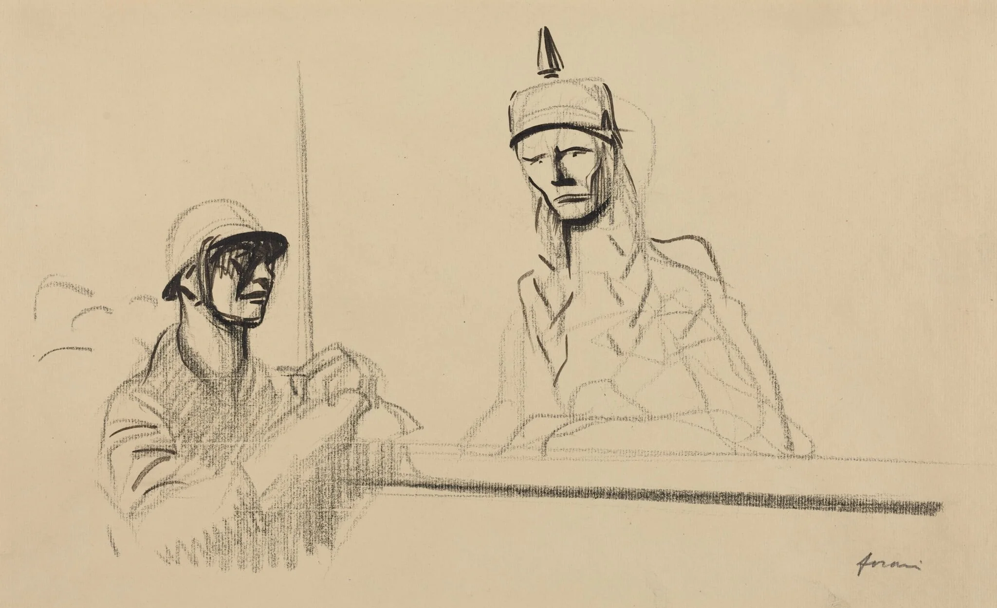 French Soldier Addressing Germania, by Jean-Louis Forain, ink, 1916
