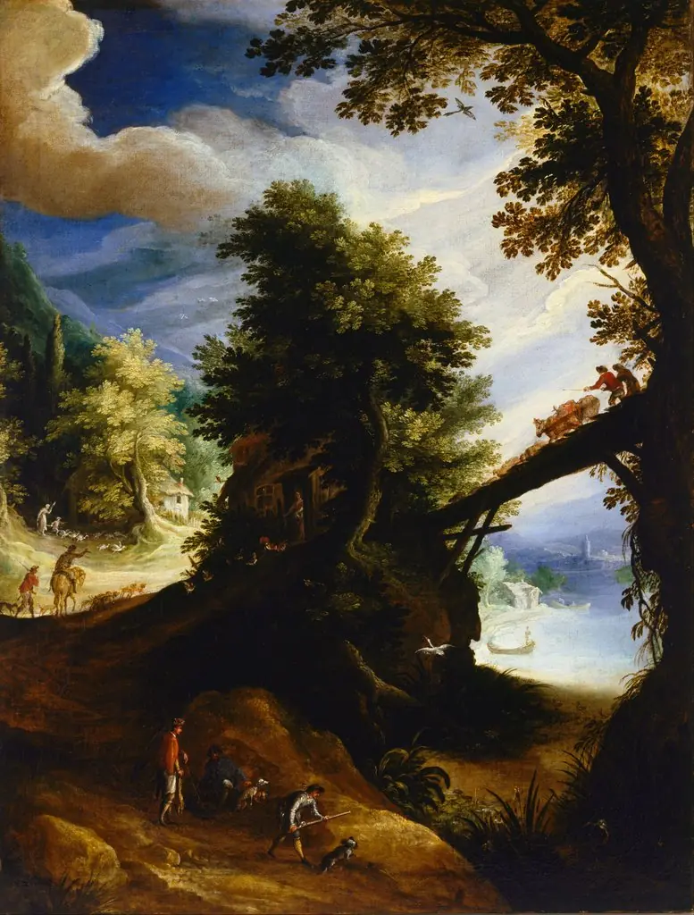 A wooded landscape with a bridge and sportsmen at the edge of the river