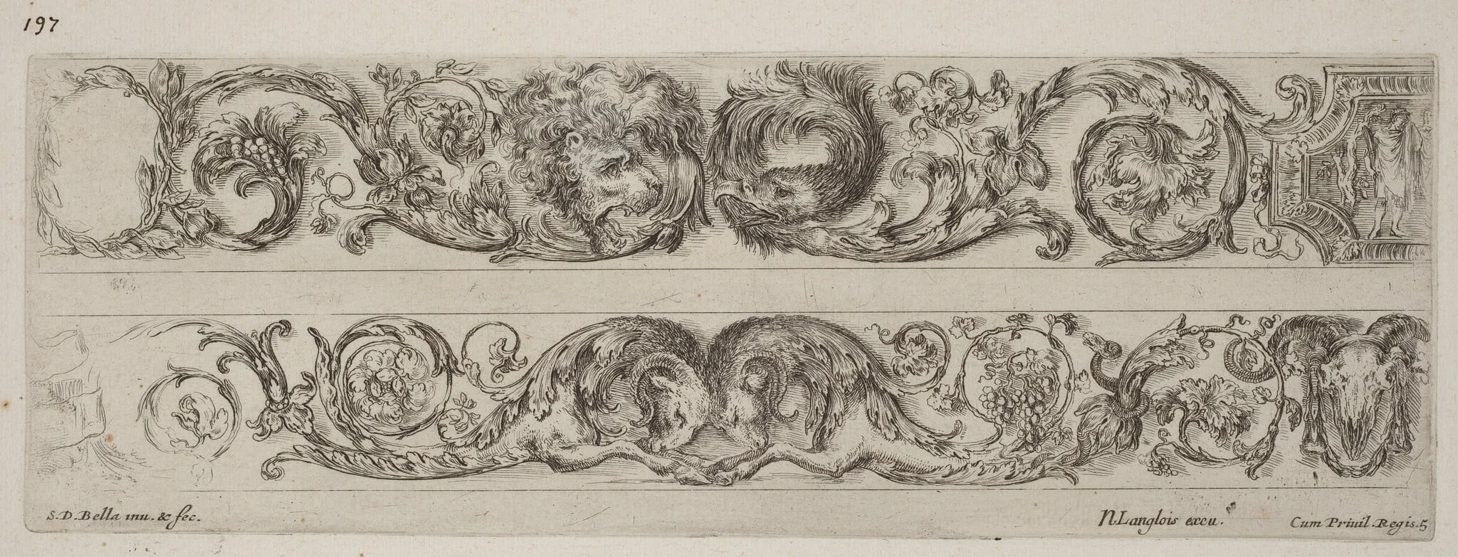 Two Ornamental Bands with Facing Heads of Lion and Eagle, and Two Rams, by Stefano Della Bella, ink, 1648