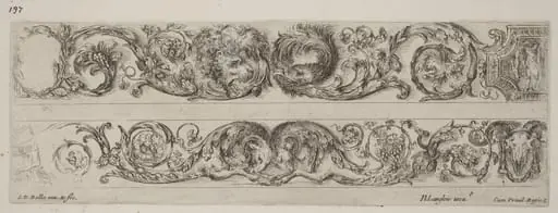 Two Ornamental Bands with Facing Heads of Lion and Eagle, and Two Rams