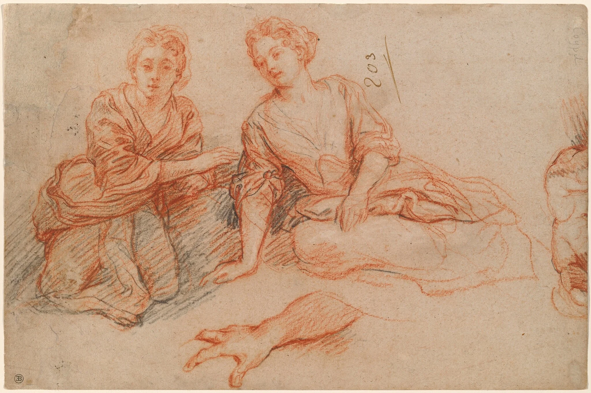 Two Young Women Seated on the Ground [recto], by Charles de La Fosse, chalk, 1698
