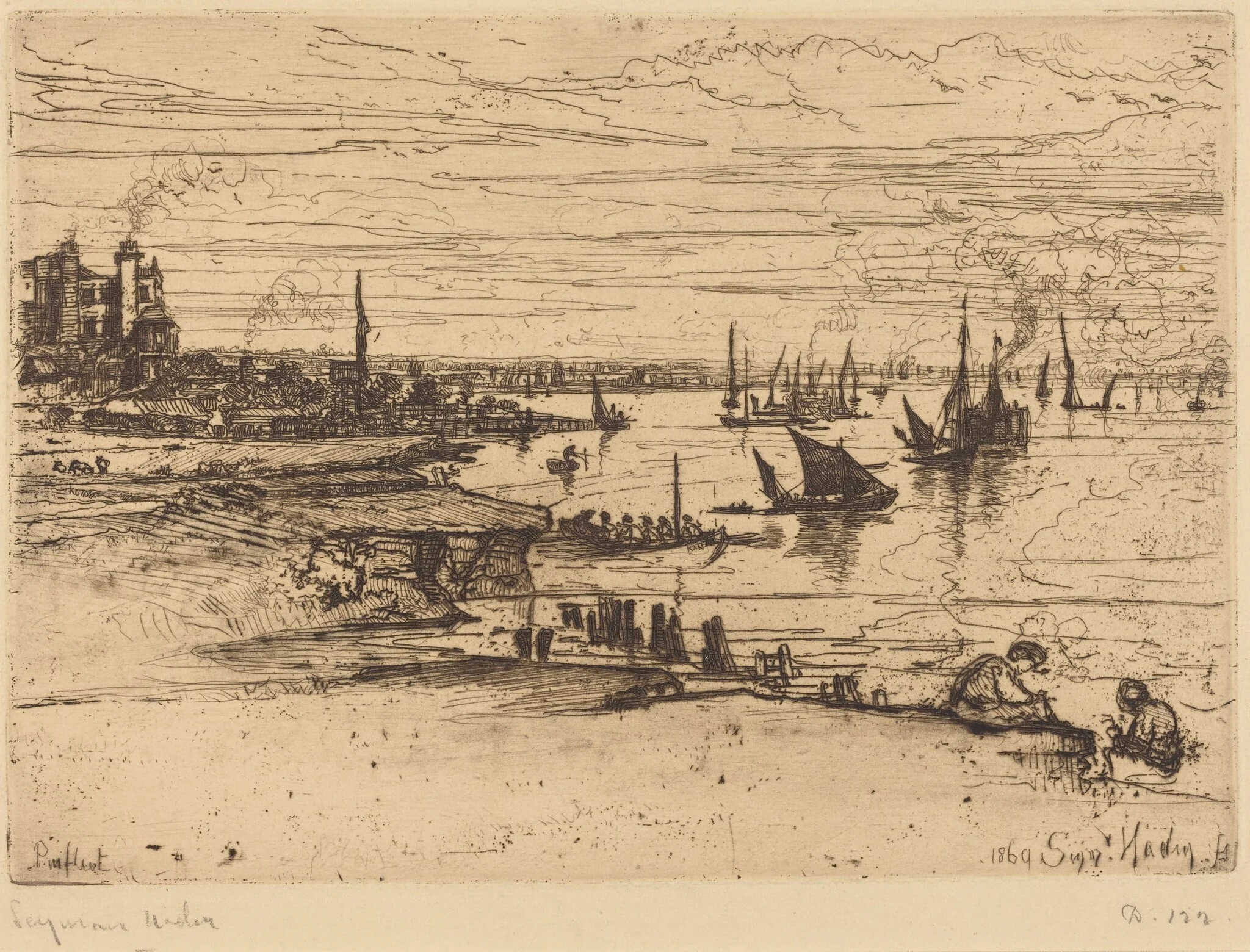 Opposite the Inn, Purfleet, by Francis Seymour Haden, ink, 1869