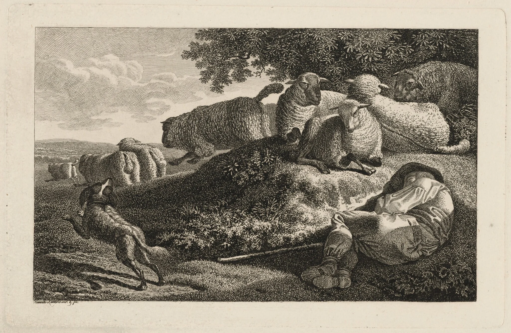 A Shepherd Sleeping while His Dog Guards His Flock, by Heinrich Carl Reinhold, ink, 1816