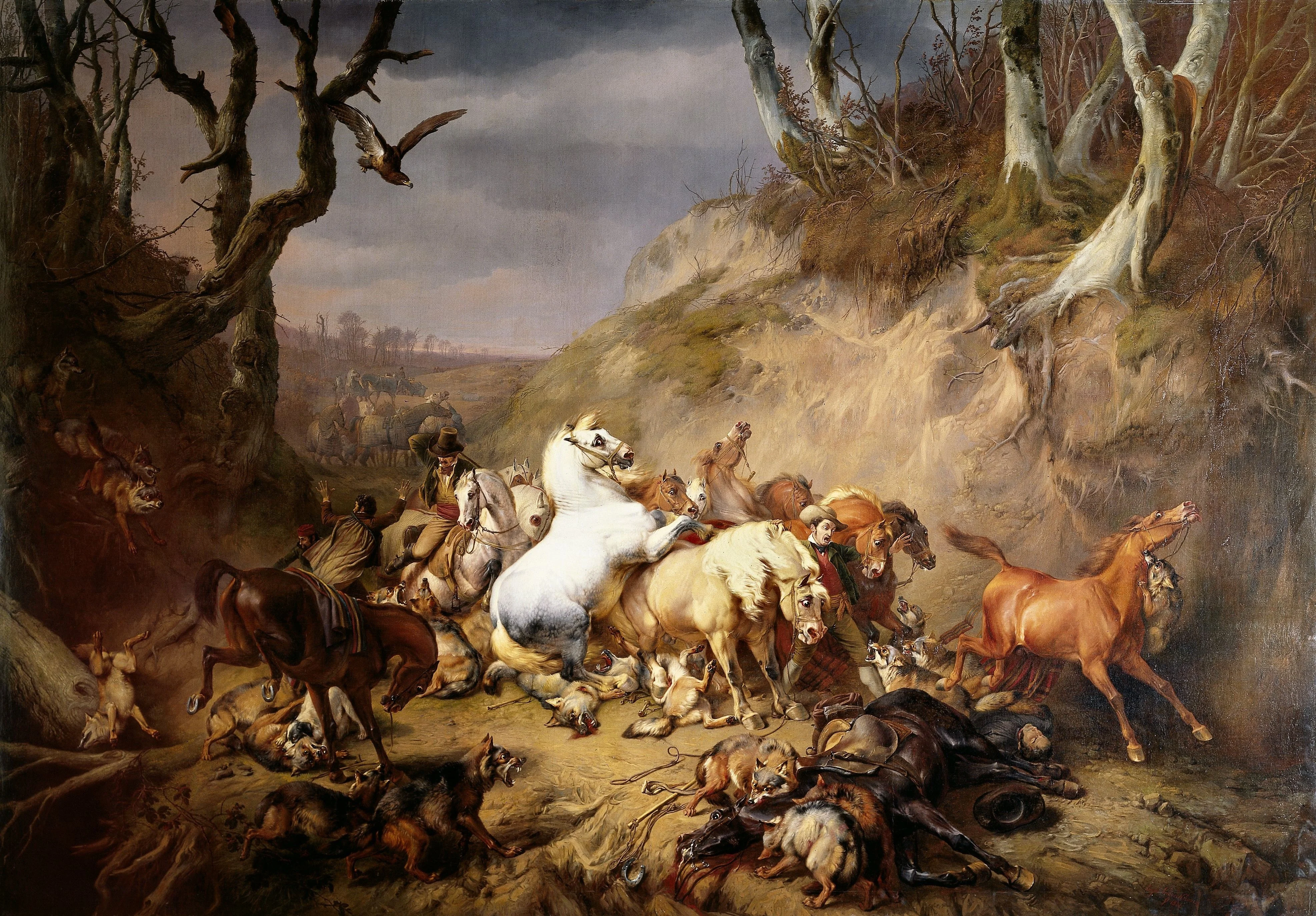 Hungry Wolves Attack a Group of Riders, by Eugène Verboeckhoven, oil, 1836