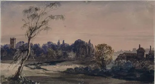 Landscape with buildings and trees