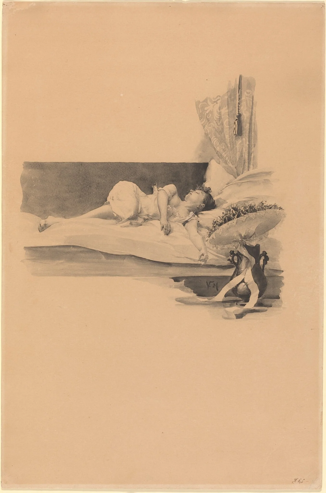 Illustration for "Jestrab Kontra Hrdlicka, XXII" (Girl asleep on a bed), by Karel Vitezslav Masek, ink, 1890