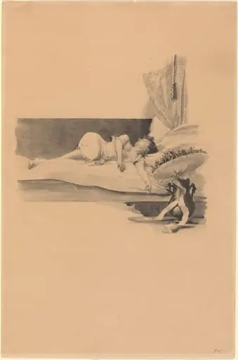Illustration for "Jestrab Kontra Hrdlicka, XXII" (Girl asleep on a bed)