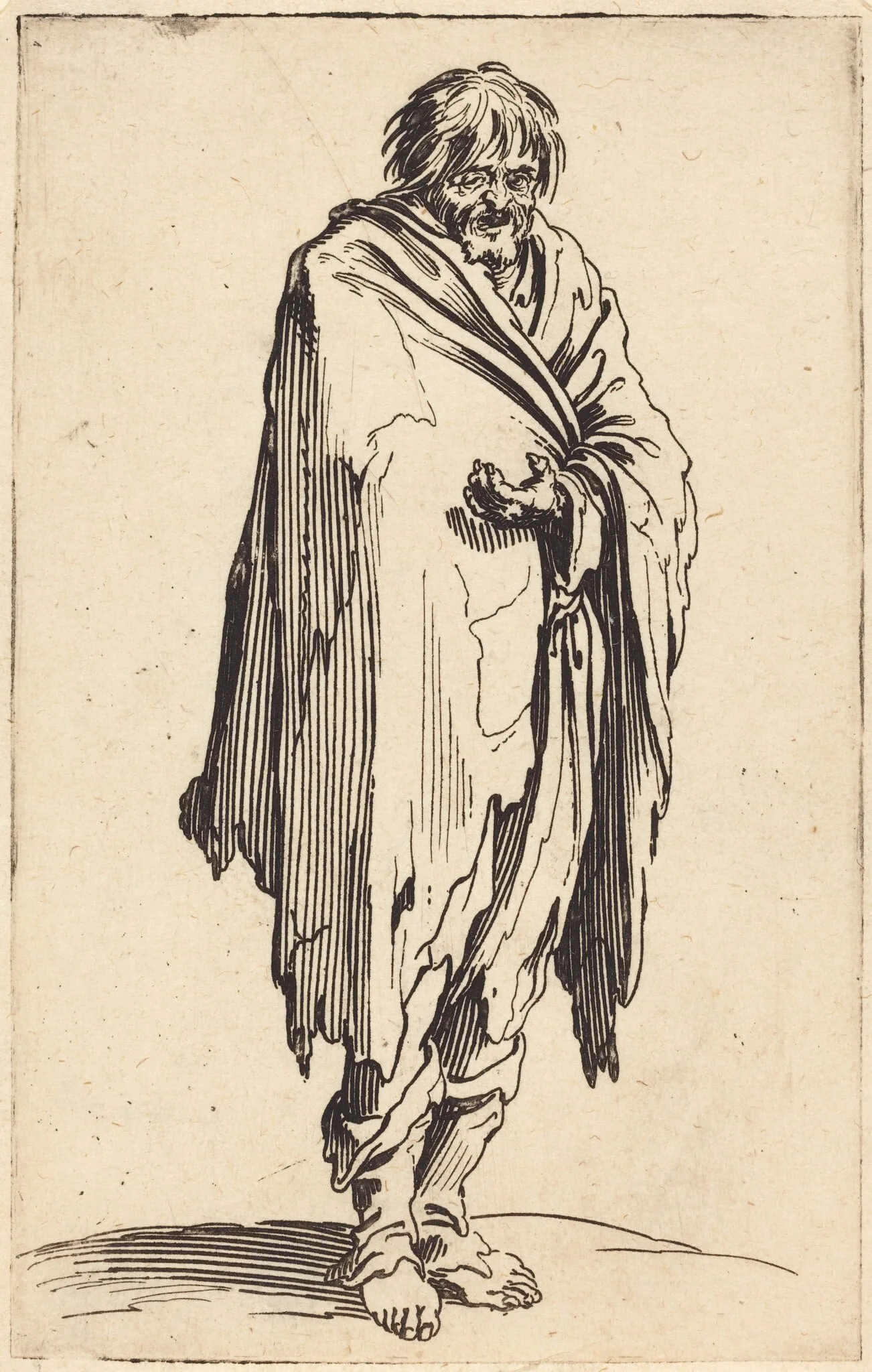 Beggar with Bare Head and Feet, by Jacques Callot, ink, 1622