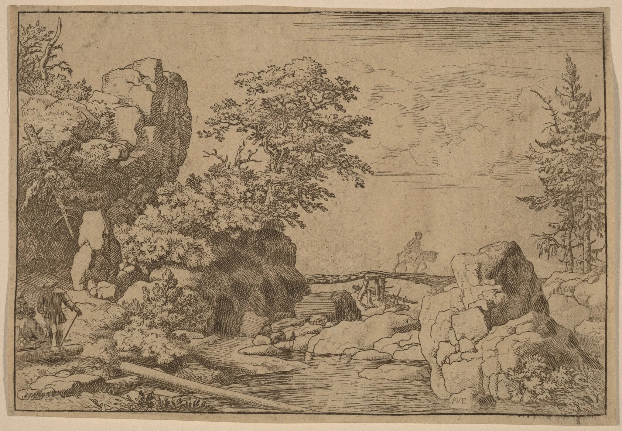 Horseman on a Bridge, by Allart van Everdingen, ink, 1650