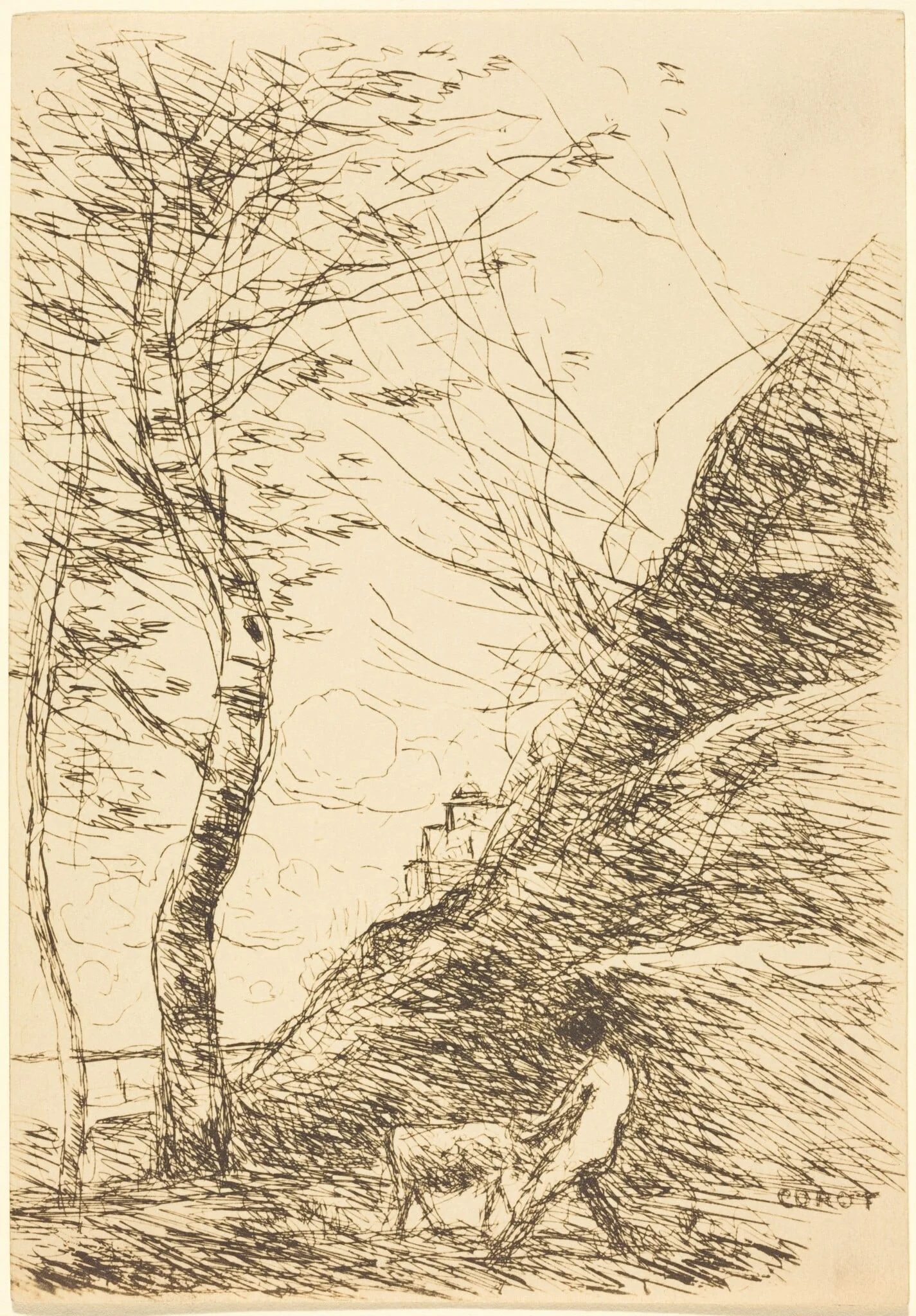 Shepherd Struggling with a Goat (Berger luttant avec sa chevre), by Jean Baptiste Camille Corot, 1874