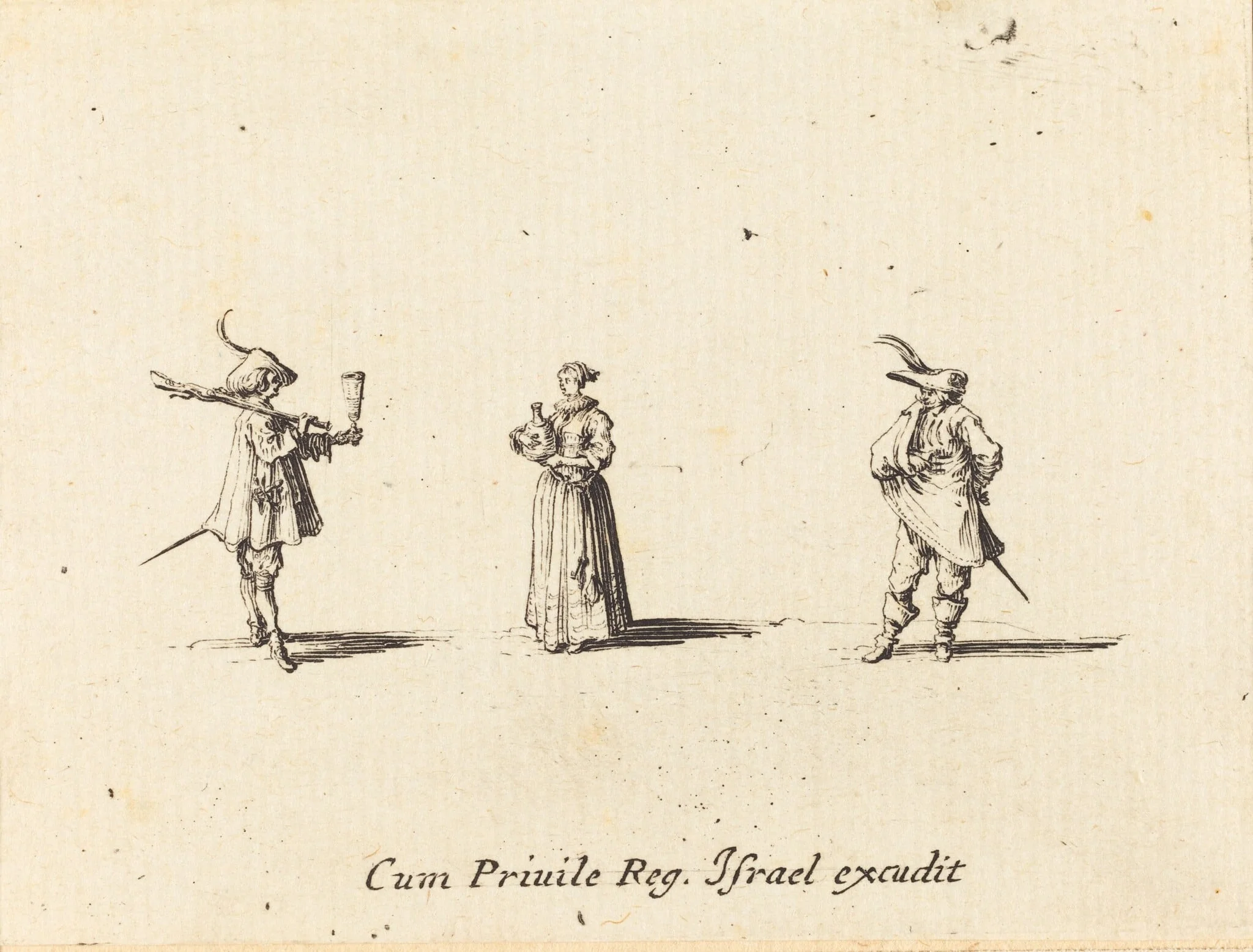 Lady with Wine Bottle, and Two Gentlemen, by Jacques Callot, ink, 1634