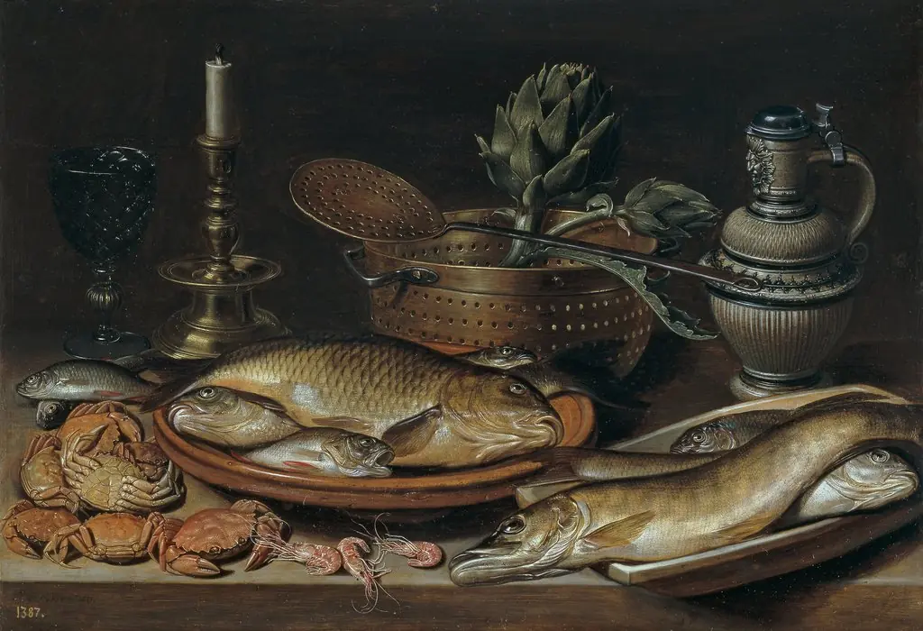 Still life of fish with a candlestick