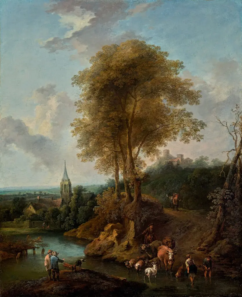 Landscape with a fordable place in a brook with peasants and cattle