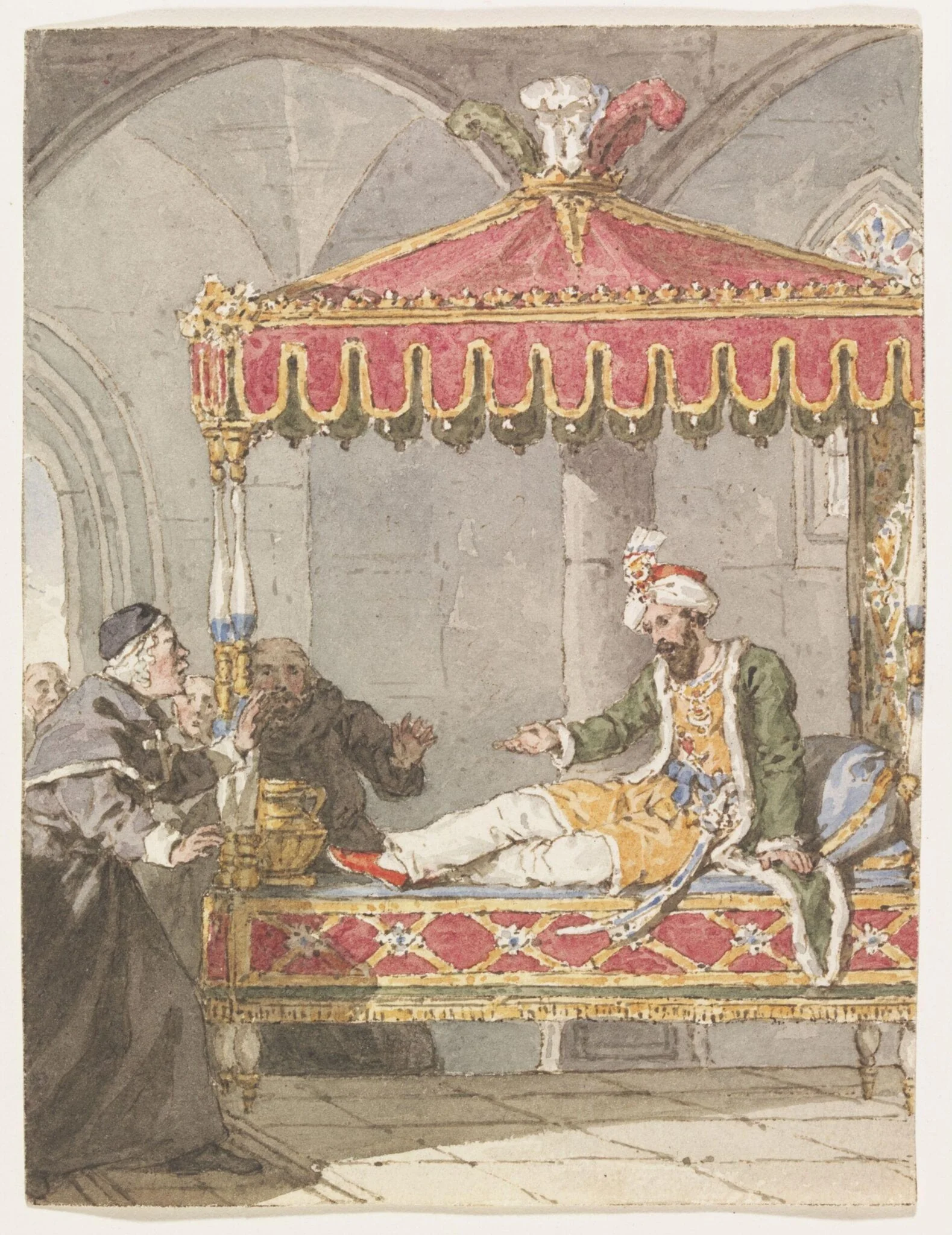 A Sultan on a divan remonstrating with monks, by John Augustus Atkinson, watercolor, 1812