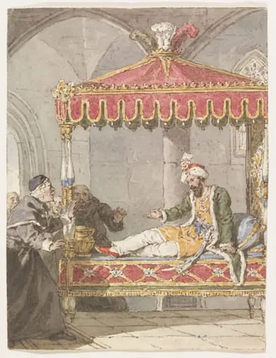 A Sultan on a divan remonstrating with monks