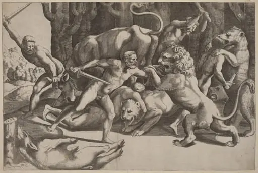 Five Men Fighting Beasts