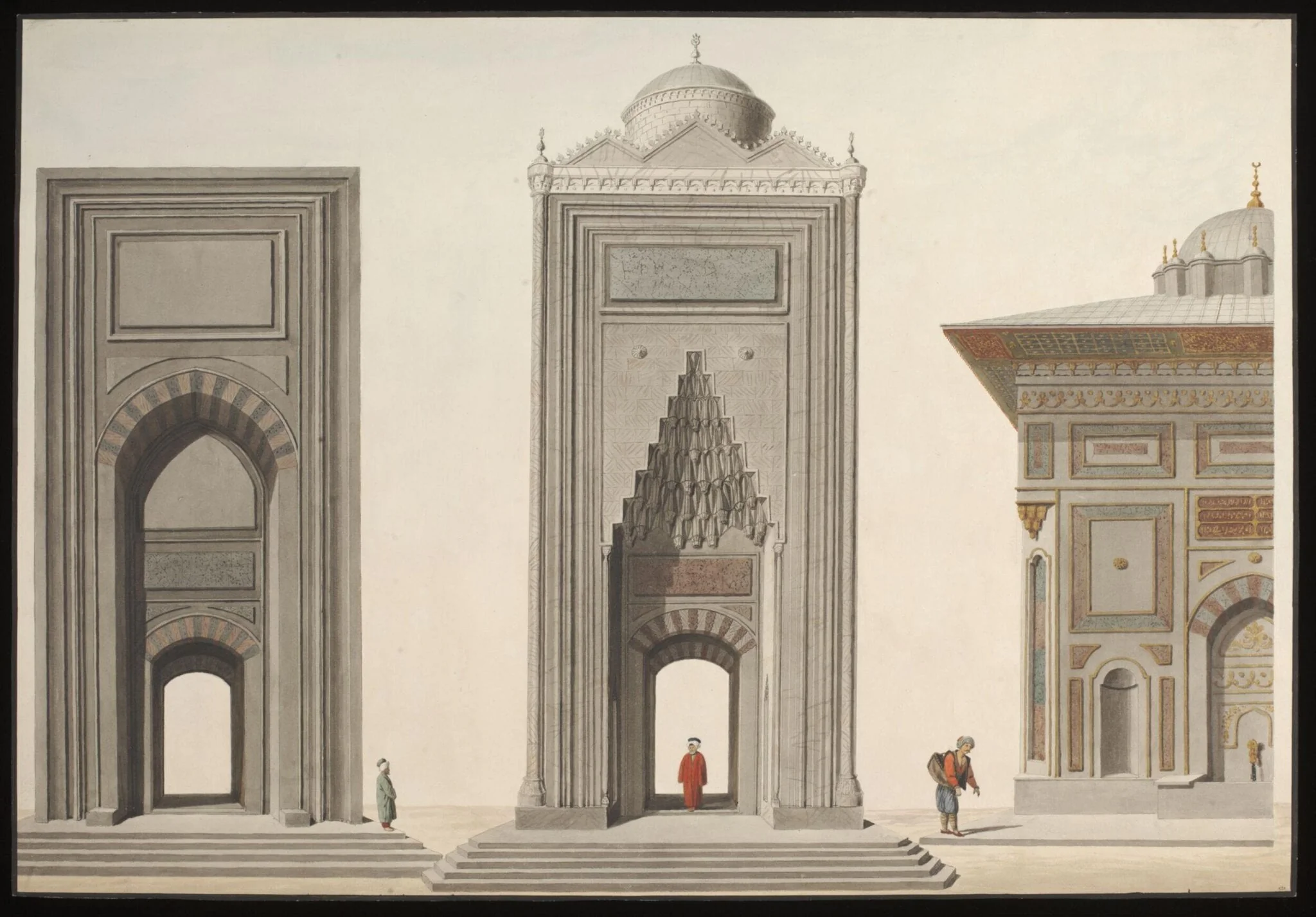 Elevations of two mosque portals, and part of the Hekimoglu Ali Pasha Fountain at Kabatas