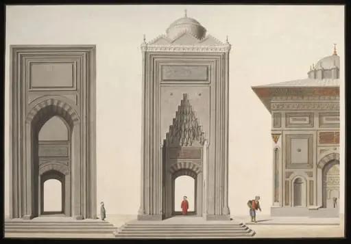 Elevations of two mosque portals, and part of the Hekimoglu Ali Pasha Fountain at Kabatas