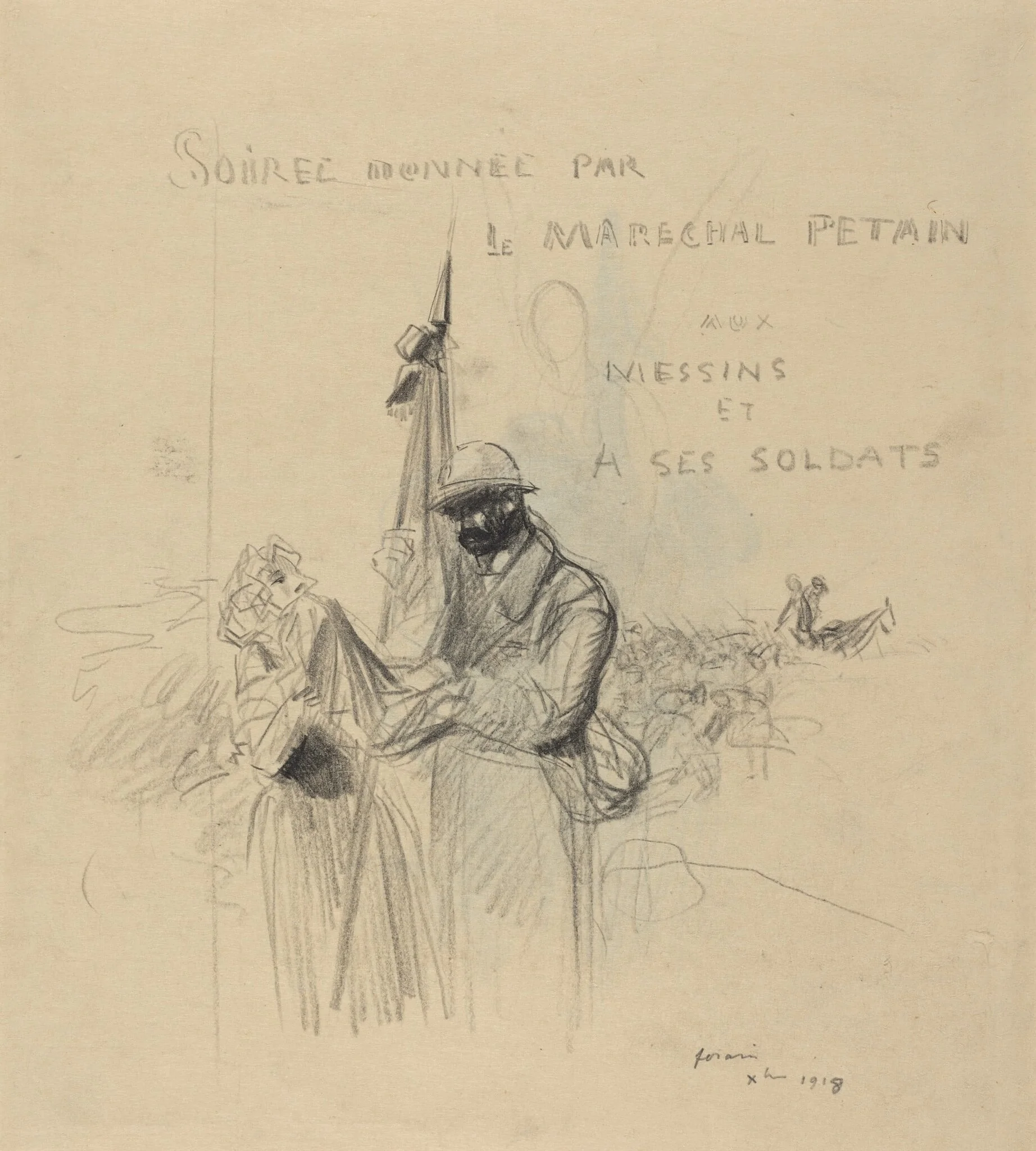 a) Le baiser du drapeau (recto); b) Study of Le baiser du drapeau (verso), by Jean-Louis Forain, crayon, 1918