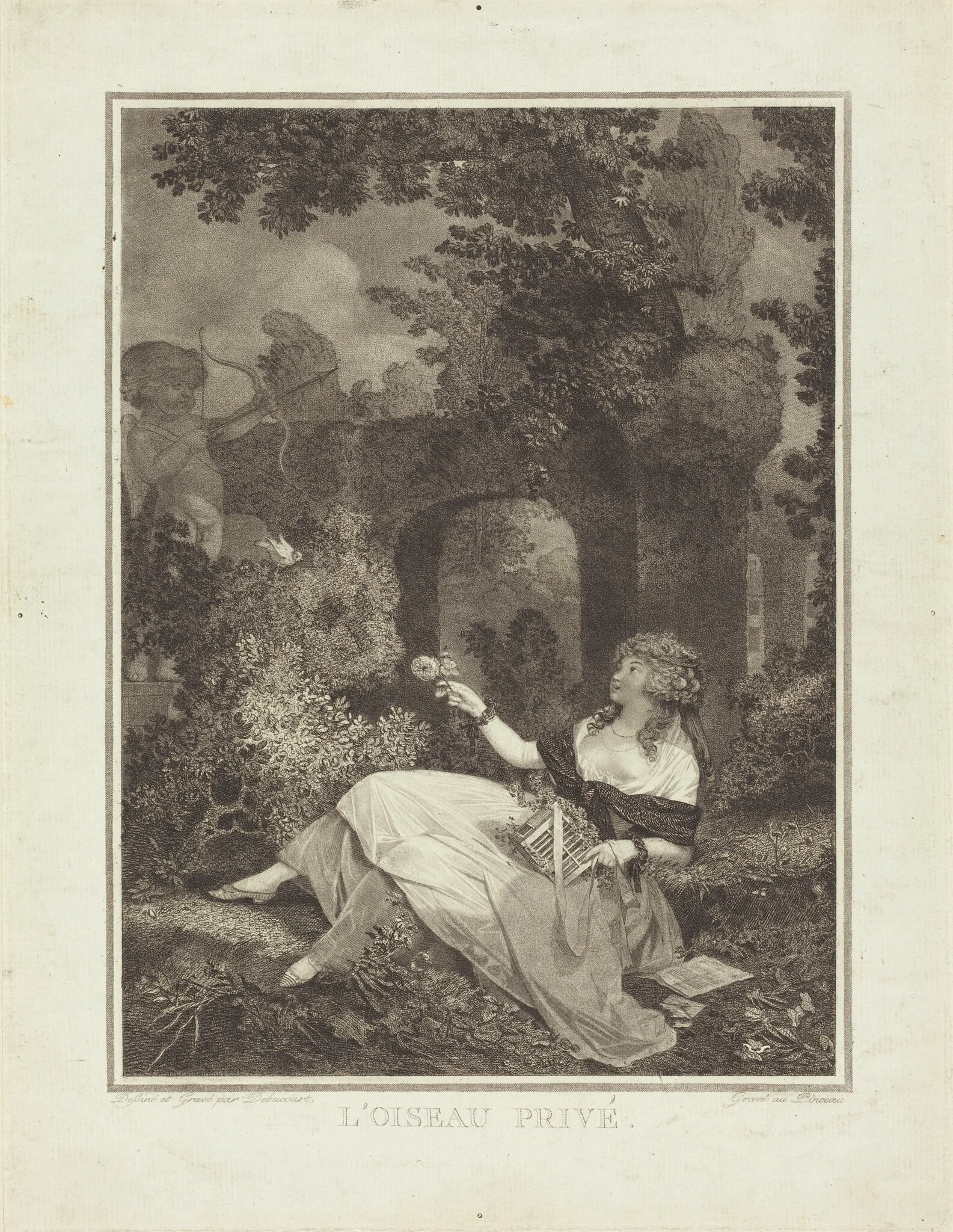 L'Oiseau privé, by Philibert-Louis Debucourt, ink, 1795