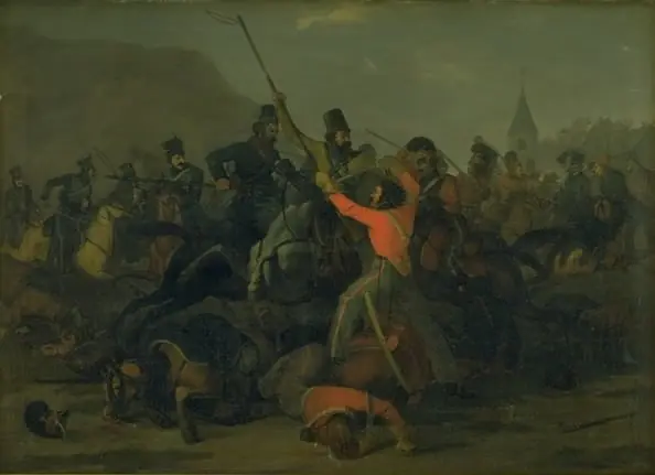 Oberst Boncke Bönnichsens fald den 6. december 1813 under en fægtning mellem jyske dragoner og kosakker