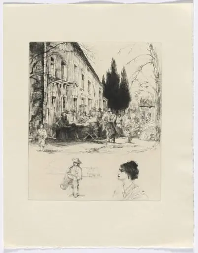 Frédéric Mistral: Mémoires et Recits by Frédéric Mistral: figures at outdoor table/ man playing drum and bust of a woman (insert after p. 136)