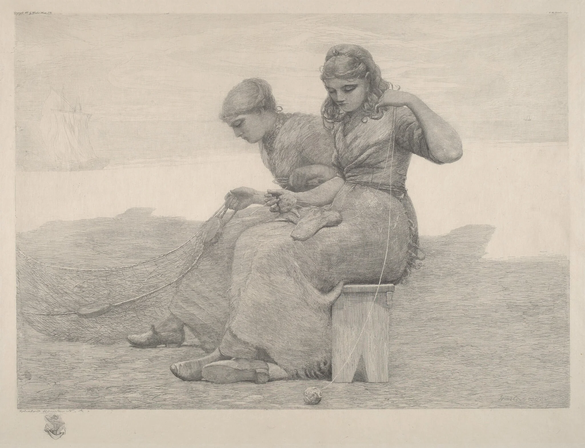 Mending Nets, by Winslow Homer, ink, 1888