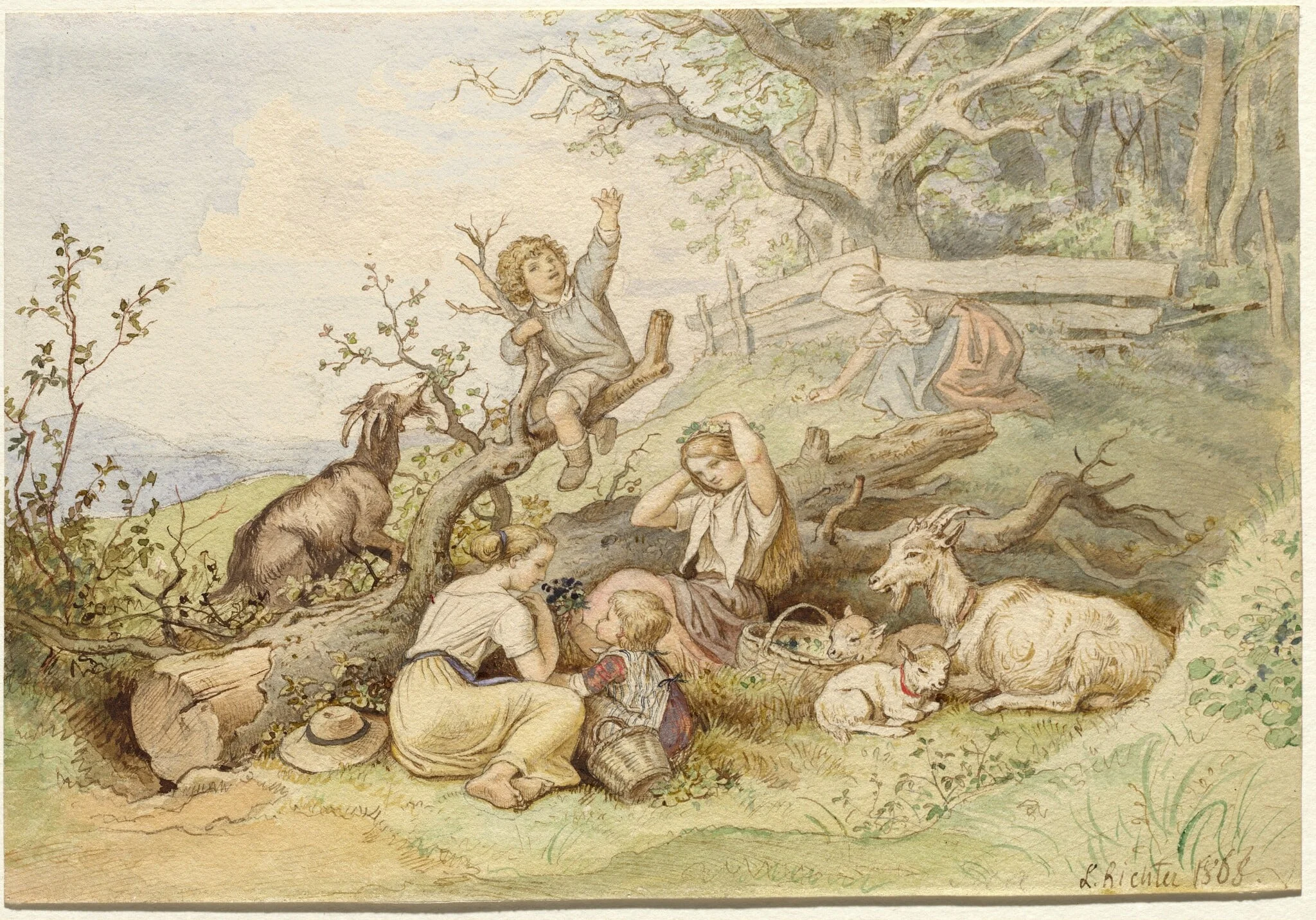 Children and Goats Resting by a Felled Tree, by Ludwig Richter, ink, 1868