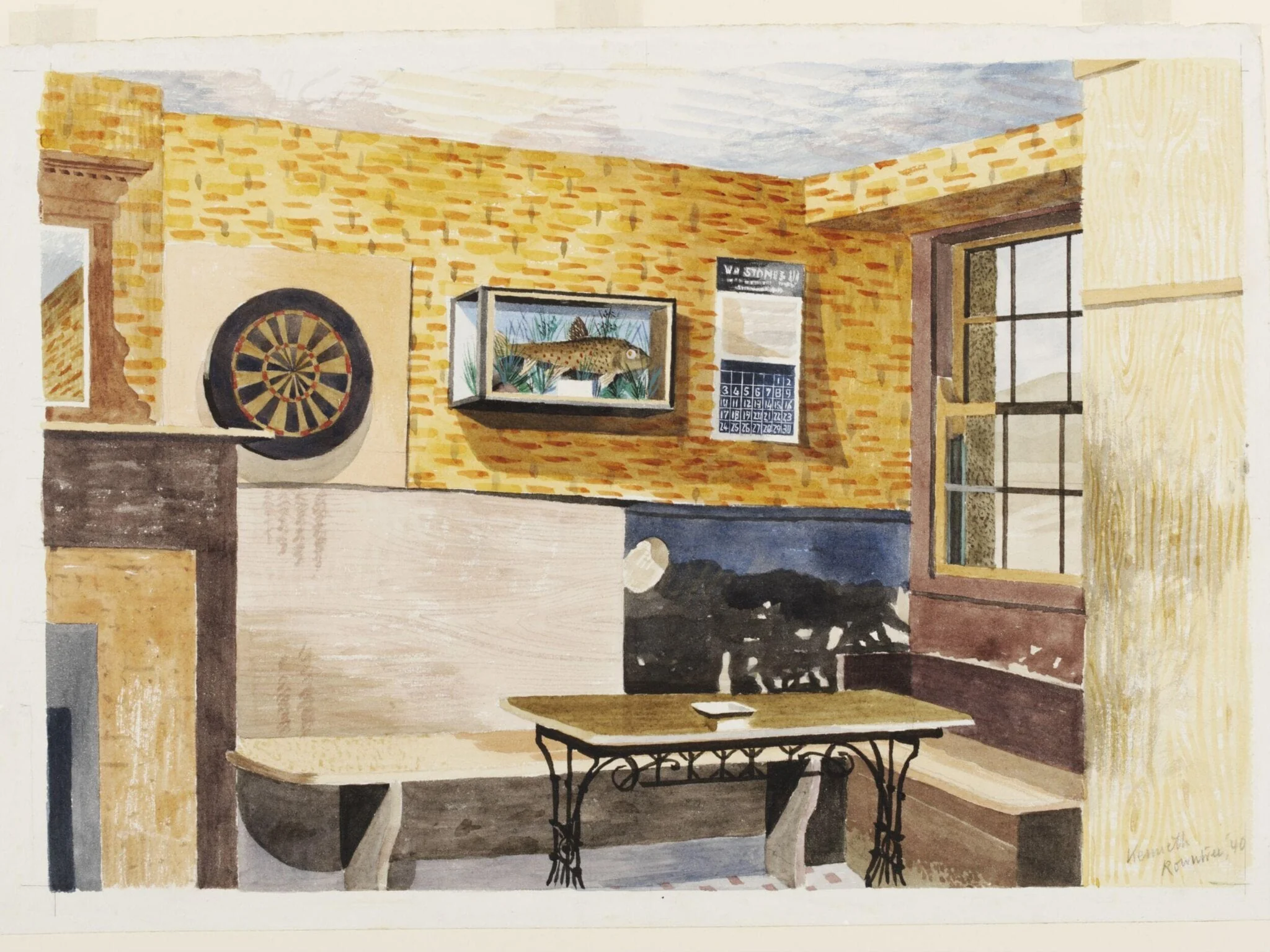 The Smoke Room, Ashopton Inn, by Kenneth Rowntree, watercolor, 1940