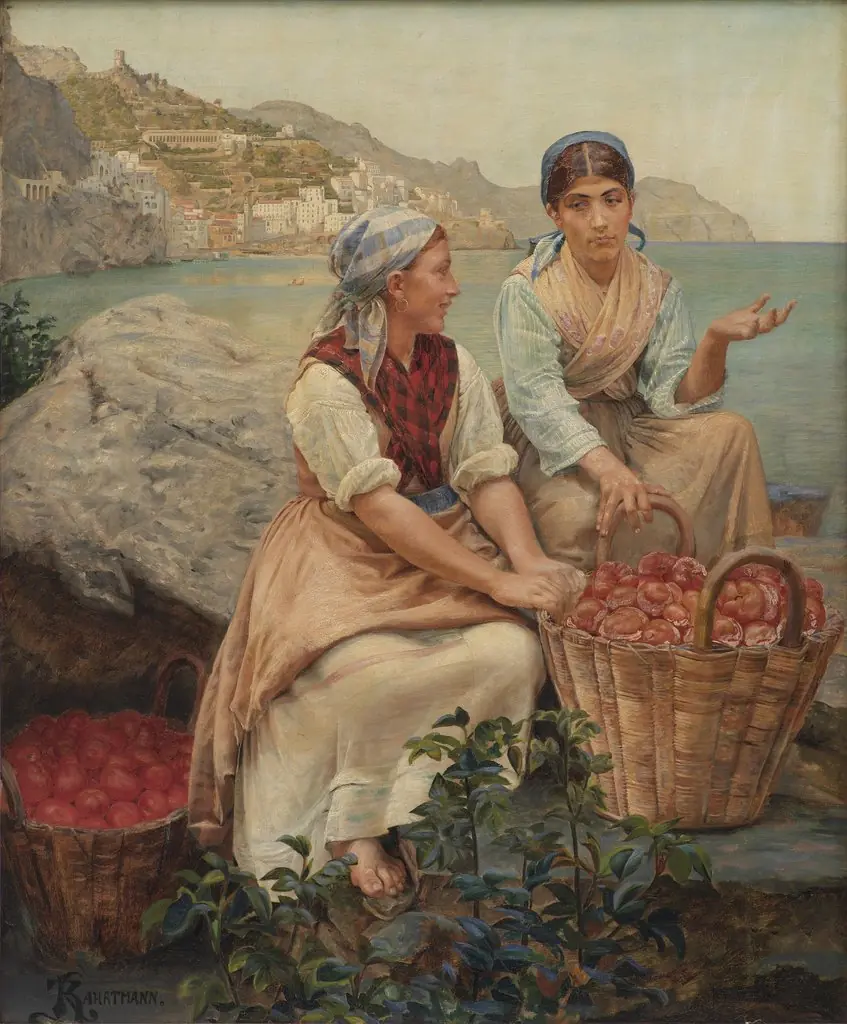 Italian girls with tomatoes in baskets