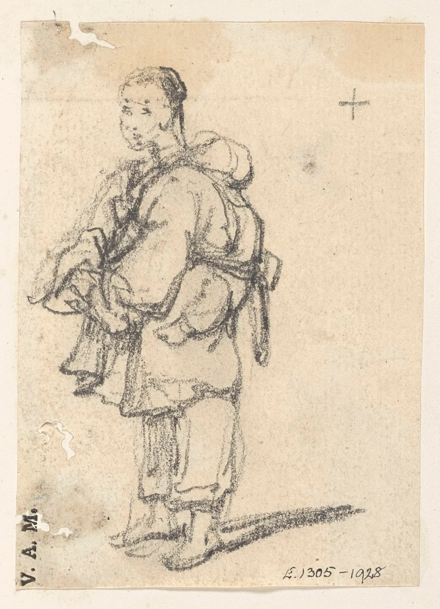 A boatwoman with a child on her back