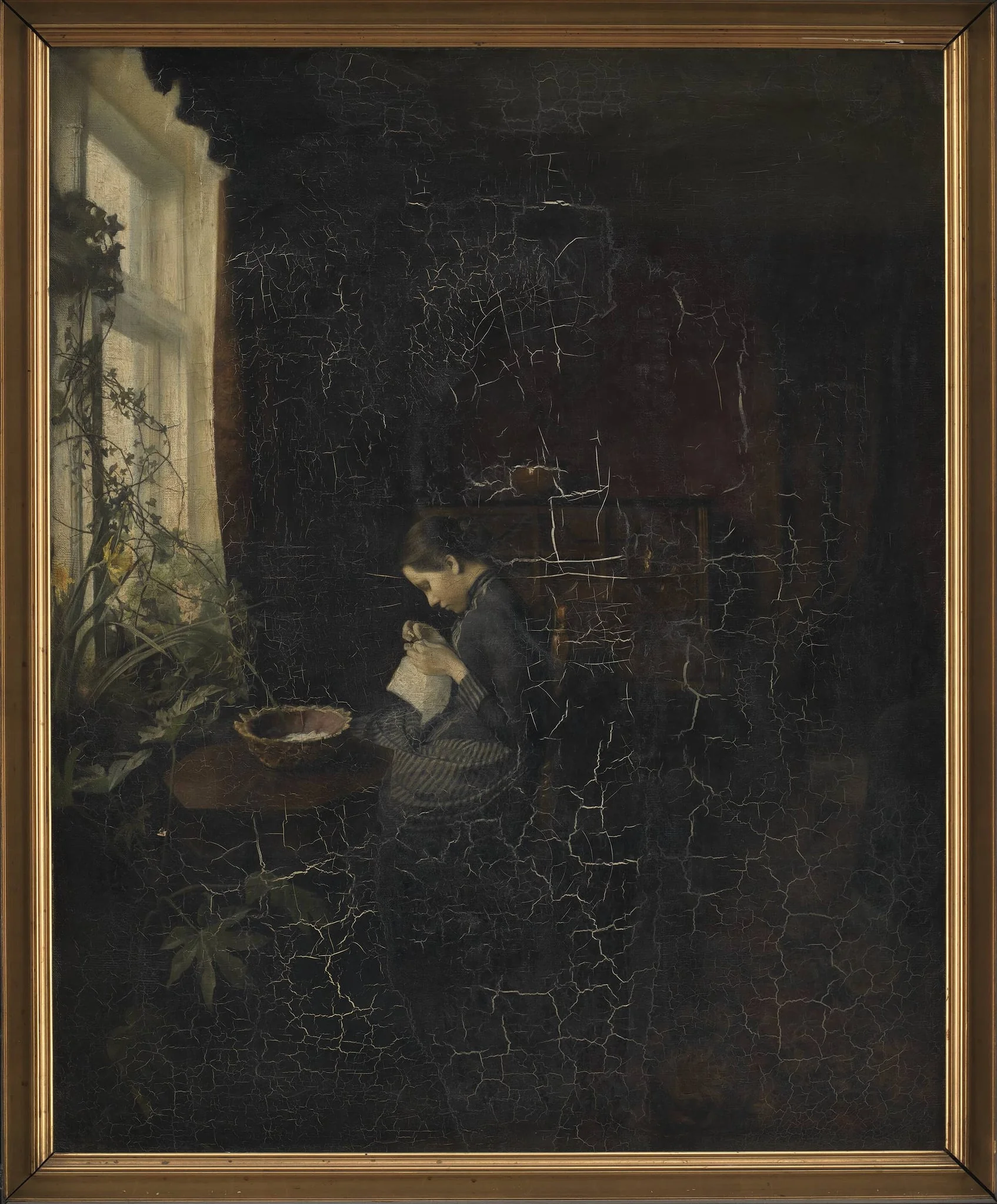 Interior with a Girl Sewing, by Unknown, 1888