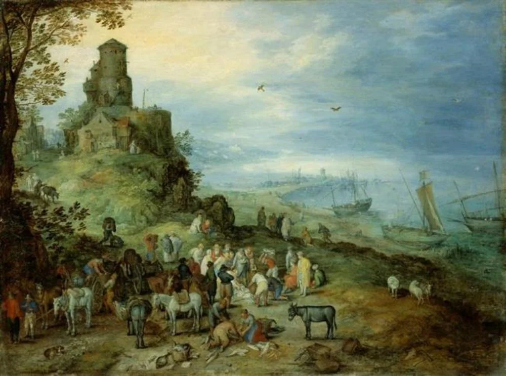 Coastal landscape with the calling of Peter and Andrew, by Jan Brueghel, the elder, oil, 1608