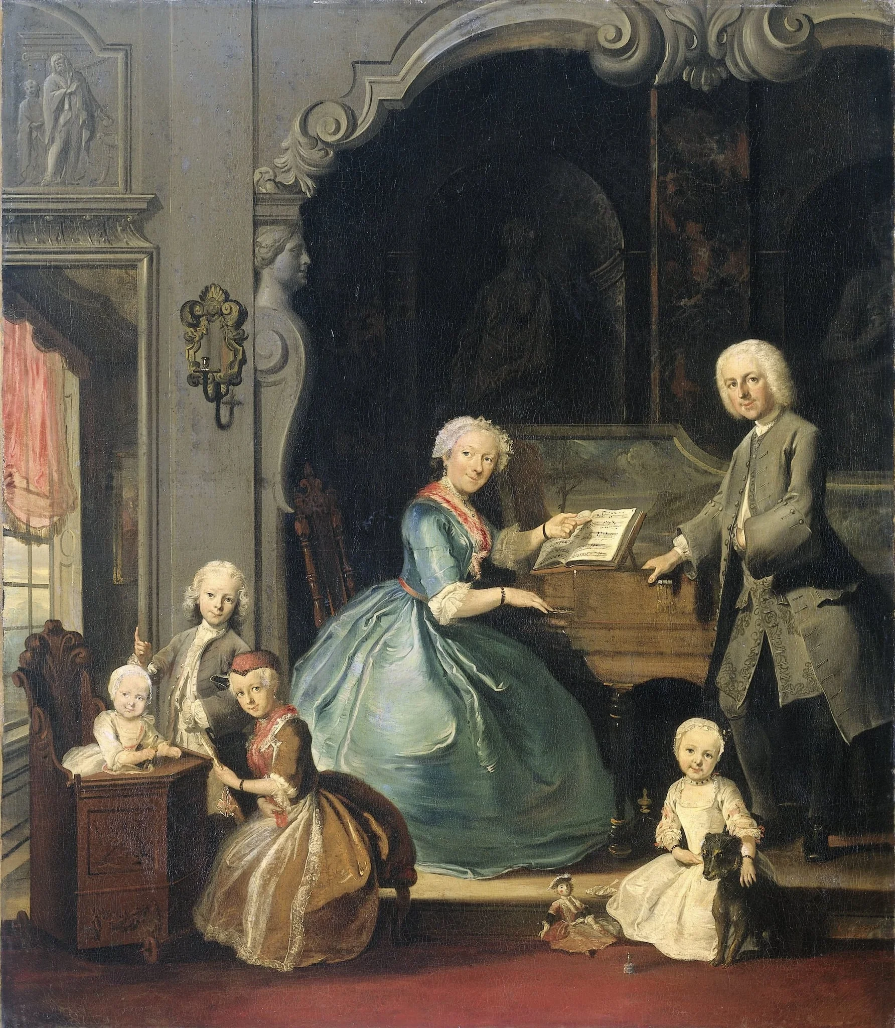 Familiegroep bij een klavecimbel, by Unknown, unspecified, 1739