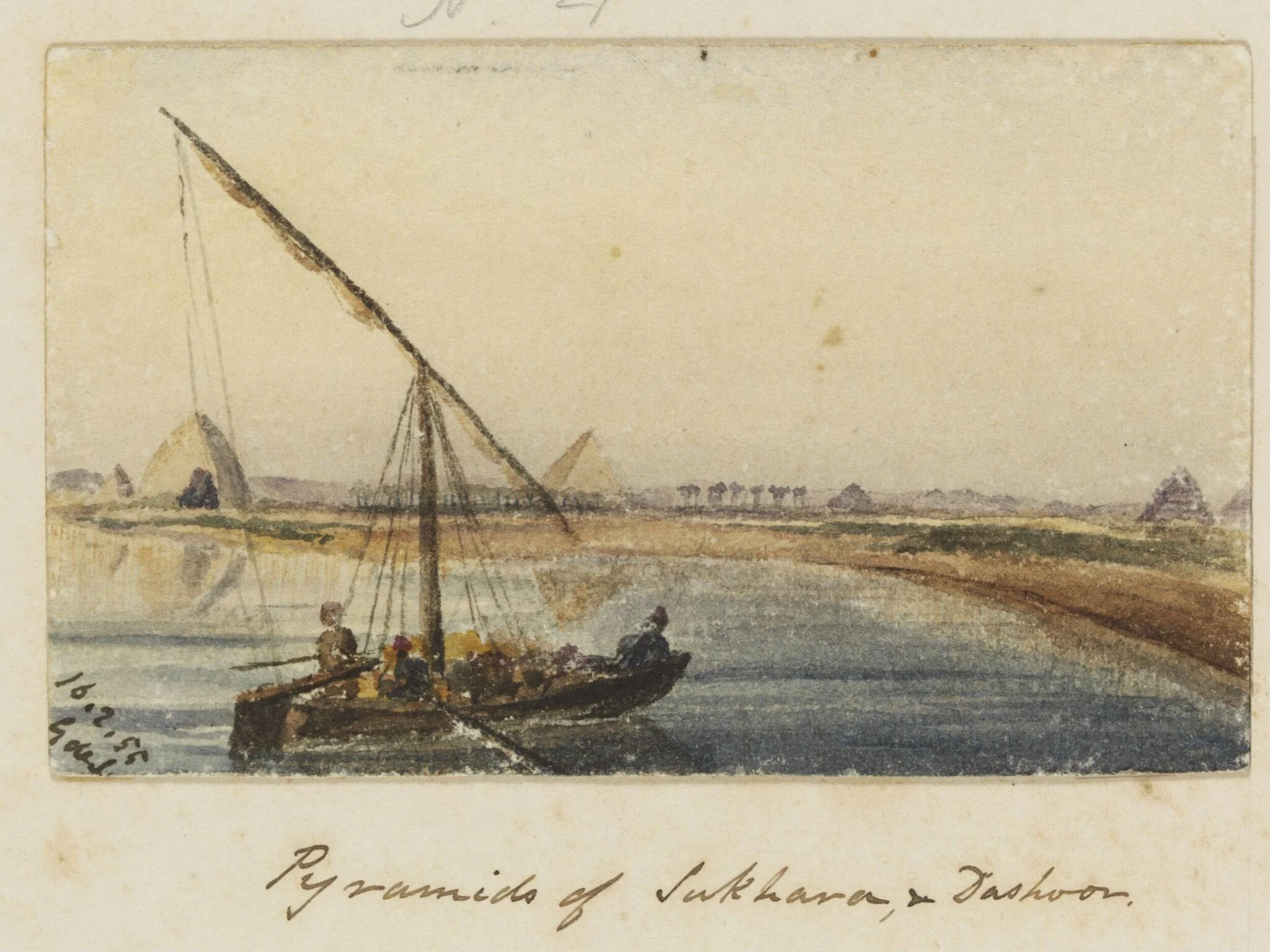`Pyramids of Sakhara, & Dashoor.  Upper Egypt', by George de Sausmarez, watercolor, 1855