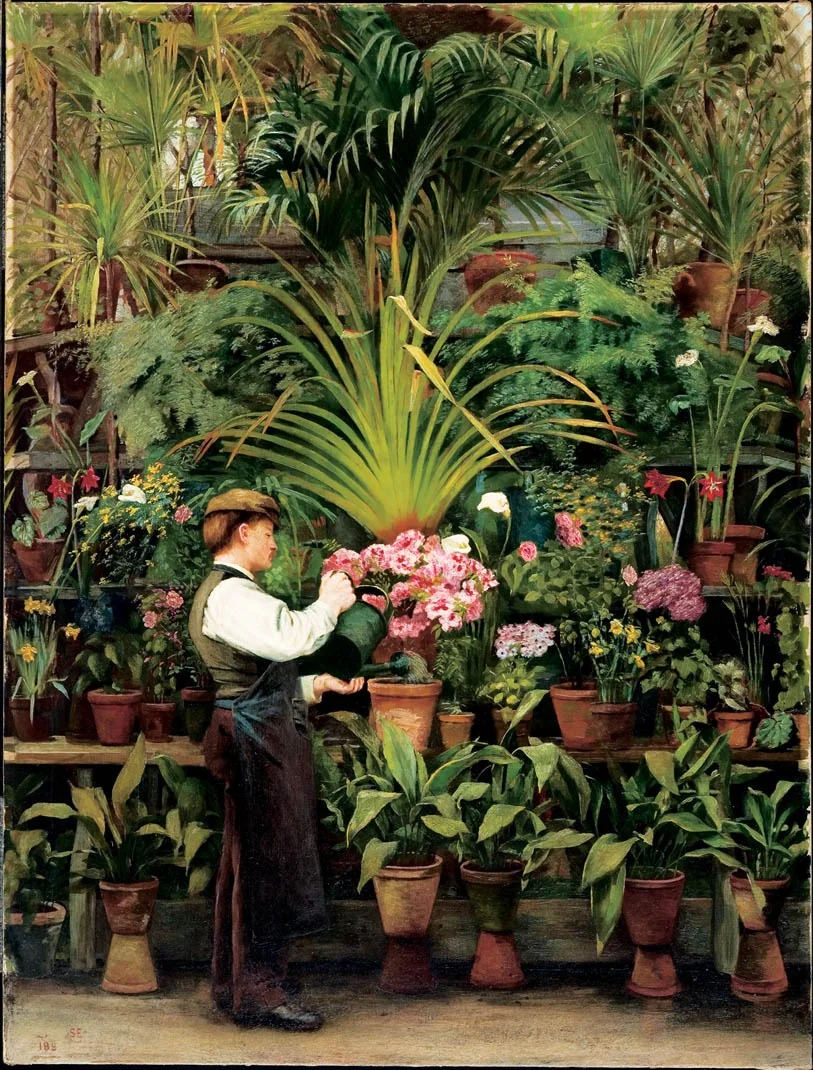 Flower Composition with Figure, Logan Greenhouse, by Ludger Larose, oil, 1900