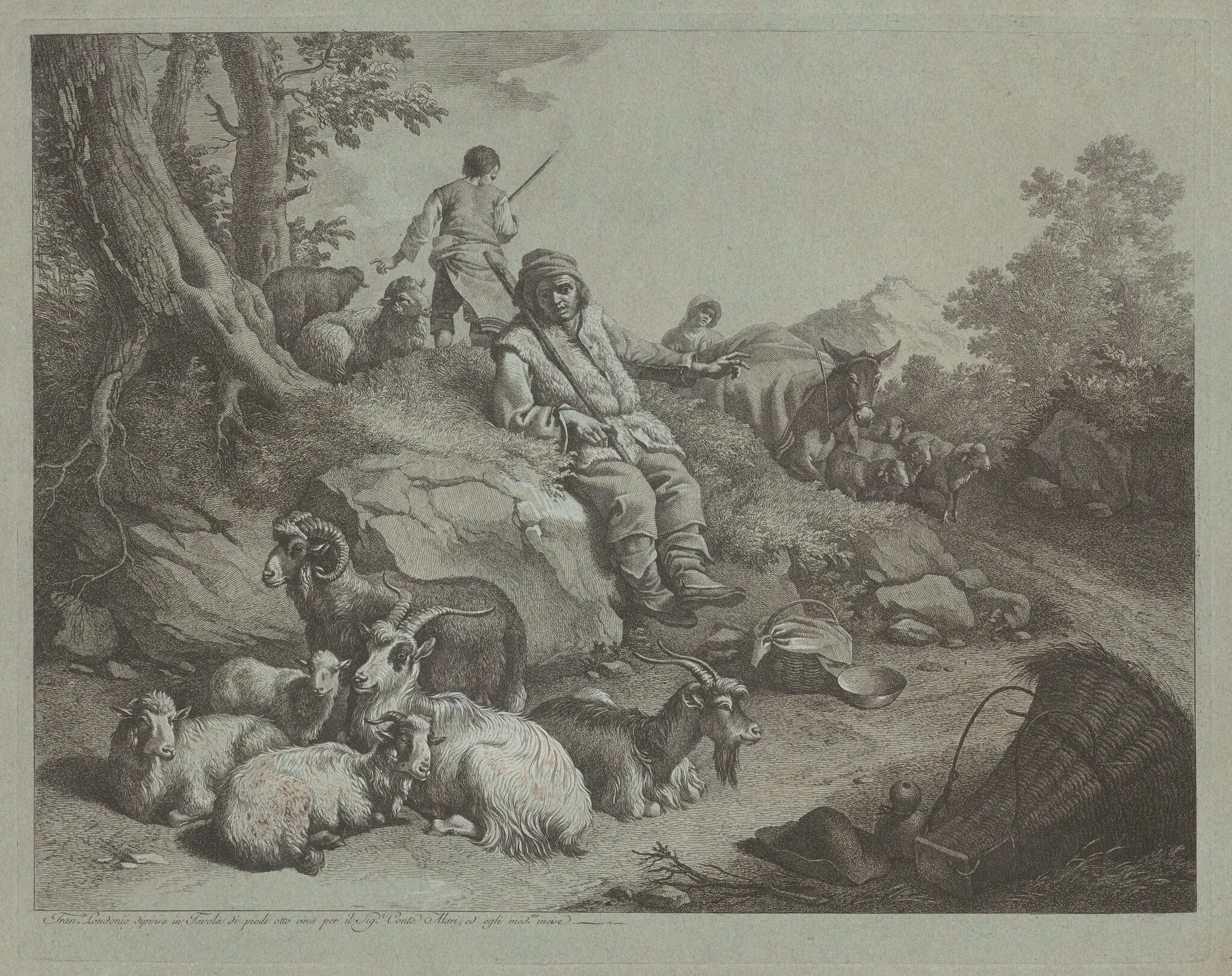 Seated Shepherd before a Flock of Goats, by Francesco Londonio, ink, 1766