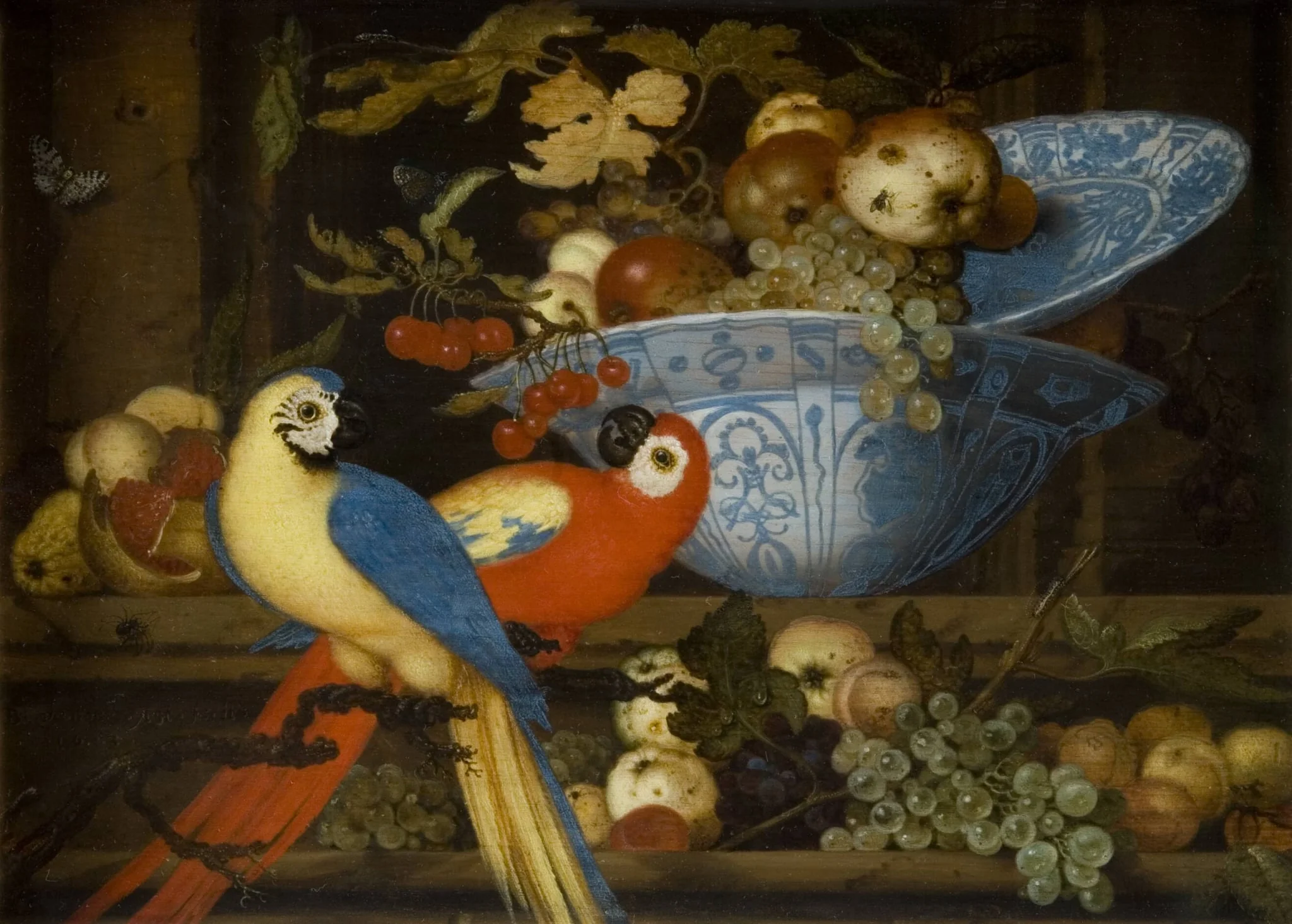 Fruit Still Life with Two Parrots, by Unknown, unspecified, 1623
