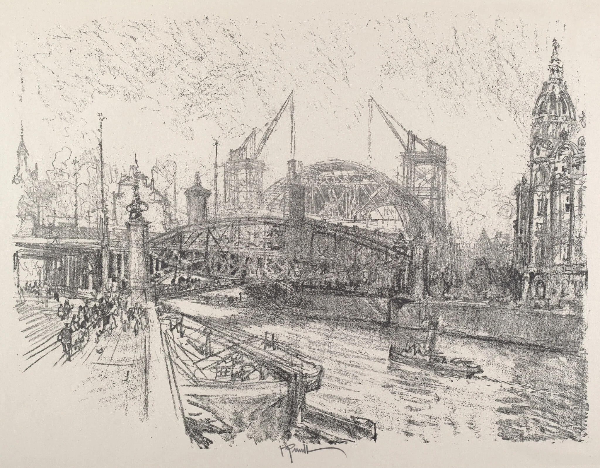 Building the Freidrich-Strasse Station, by Joseph Pennell, ink, 1921