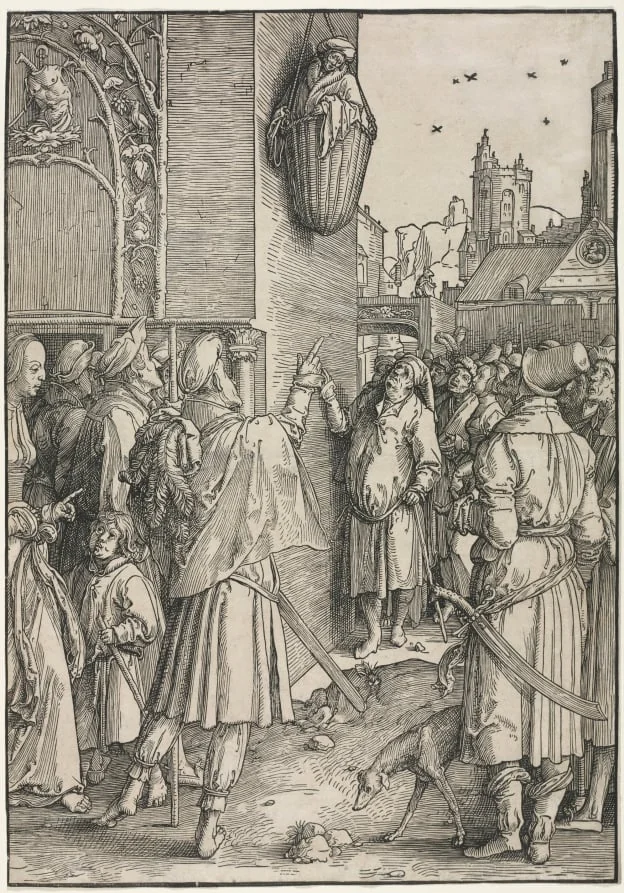 The Power of Women: The Poet Virgil Suspended in a Basket, by Lucas van Leyden, 1512