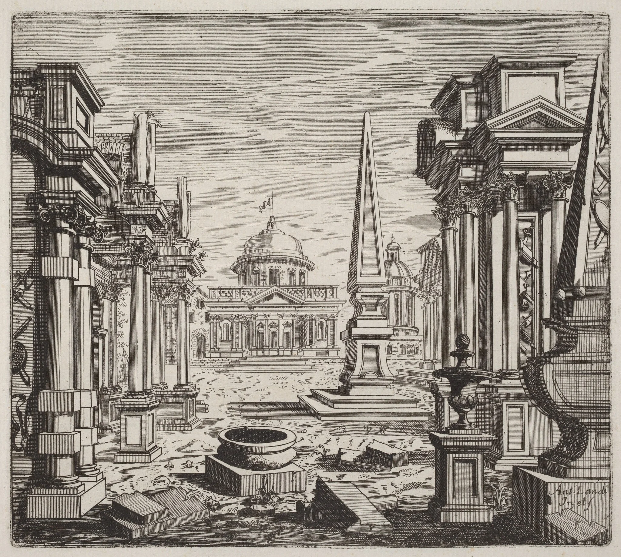 Architectural Fantasy with Obelisks, Ruins, and a Piazza, by Giuseppe Antonio Landi, ink, 1753