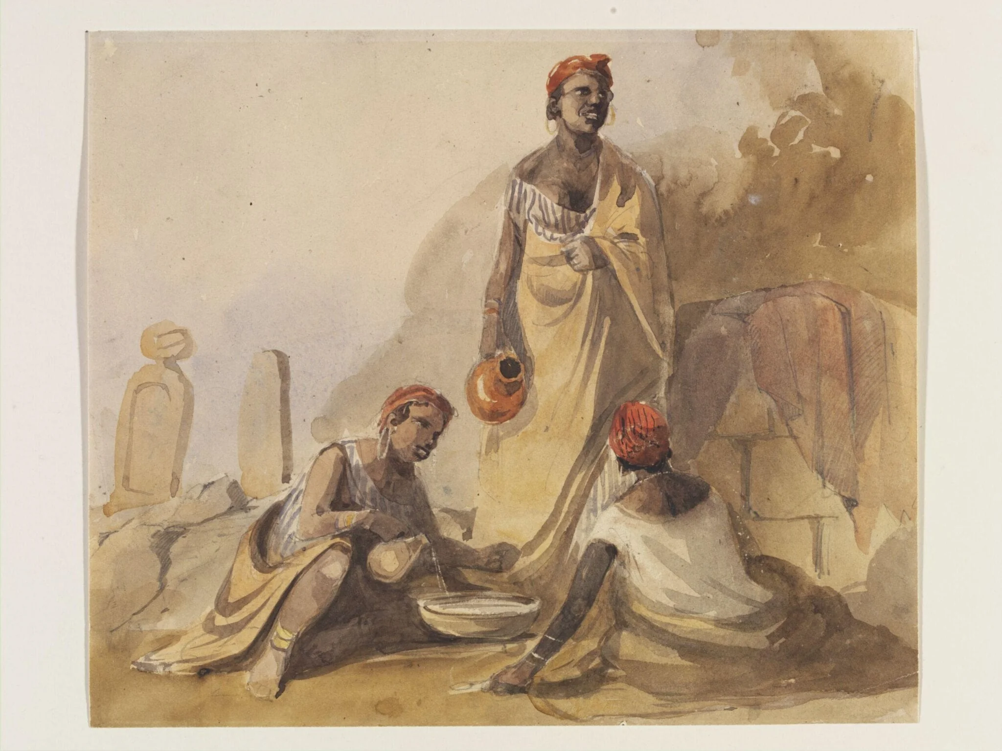 African Women at a Fountain in a Muslim Cemetery, by Unknown, watercolor, 1850