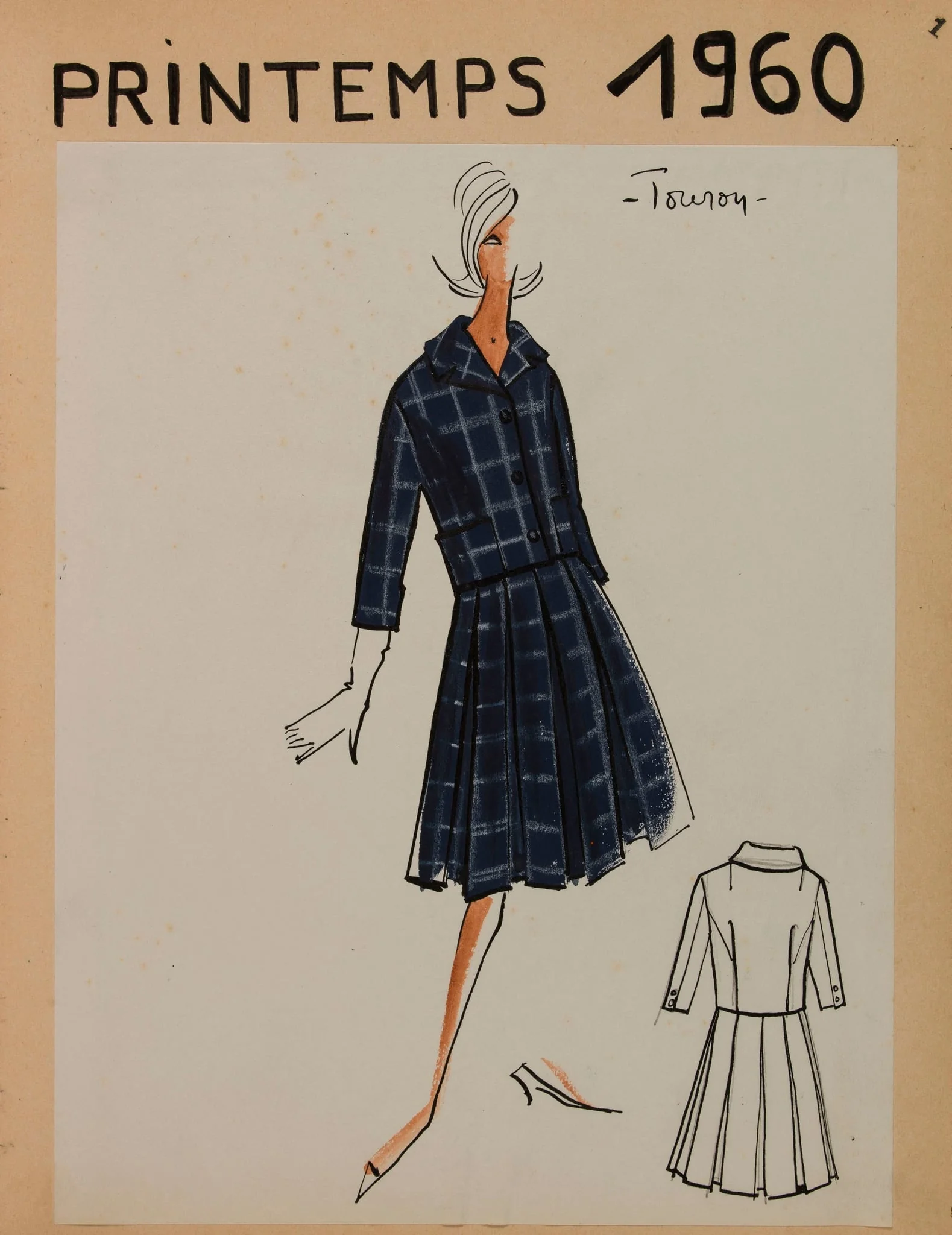 Recueil de 111 dessins (croquis de modèles) pour les collections Carven Junior printemps 1960 (65 dessins) et automne/hiver 1960/61 ( une page de garde et 46 dessins). 110 dessins collés recto-verso sur les pages de l'album et 1 dessin sur feuille volante glissée à la fin de l'album. Album composé de 100 pages cartonnées et de 6 feuilles à petits carreaux à la fin dont 1 page vierge., by Marie-Louise Carven, 1960