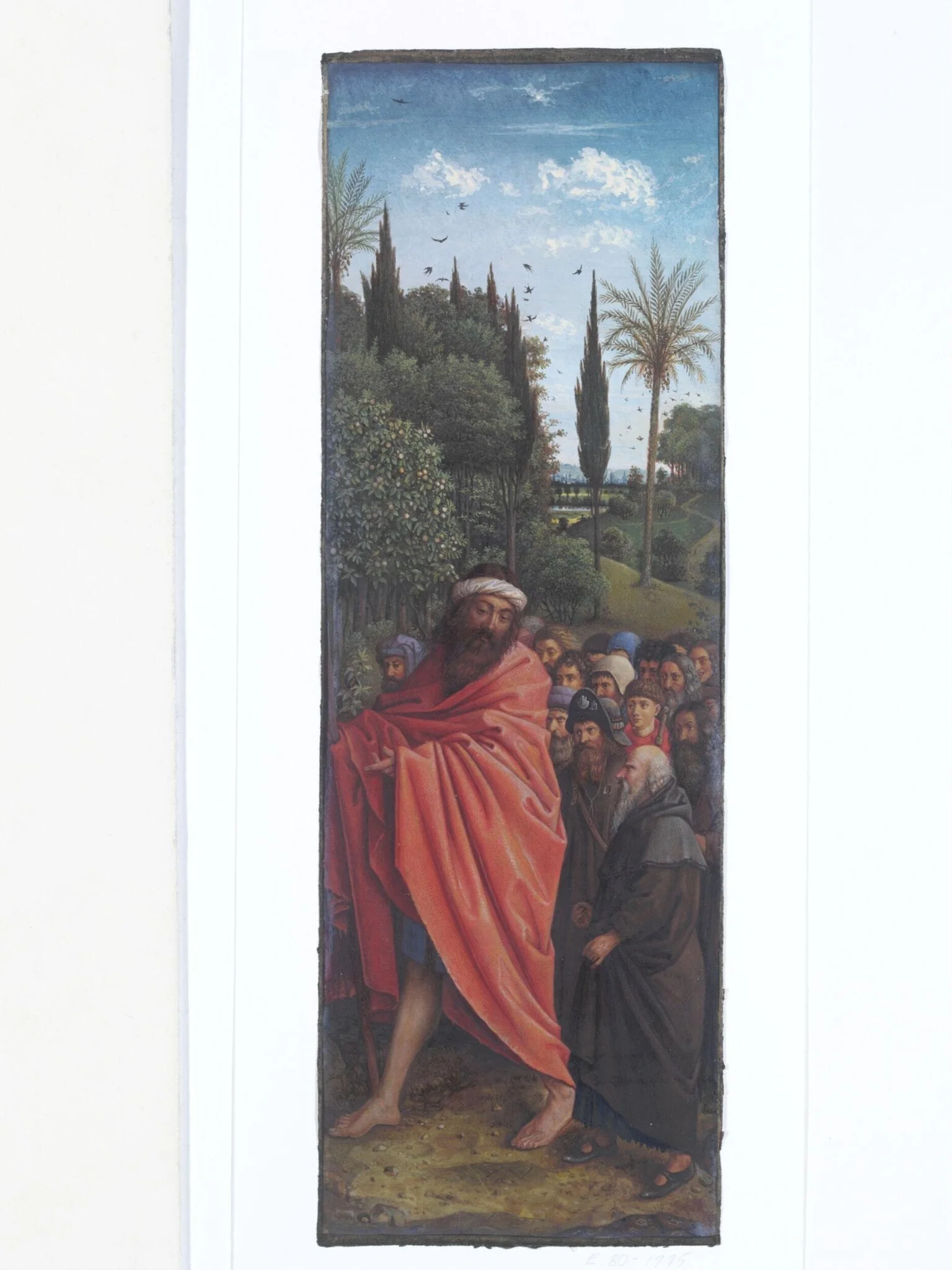 Copy of a detail of the Ghent Altarpiece, The  Hermits, by Hubert and Jan van Eyck in the church of St. Bavon, Ghent., by Christian Schultz, watercolor, 1864