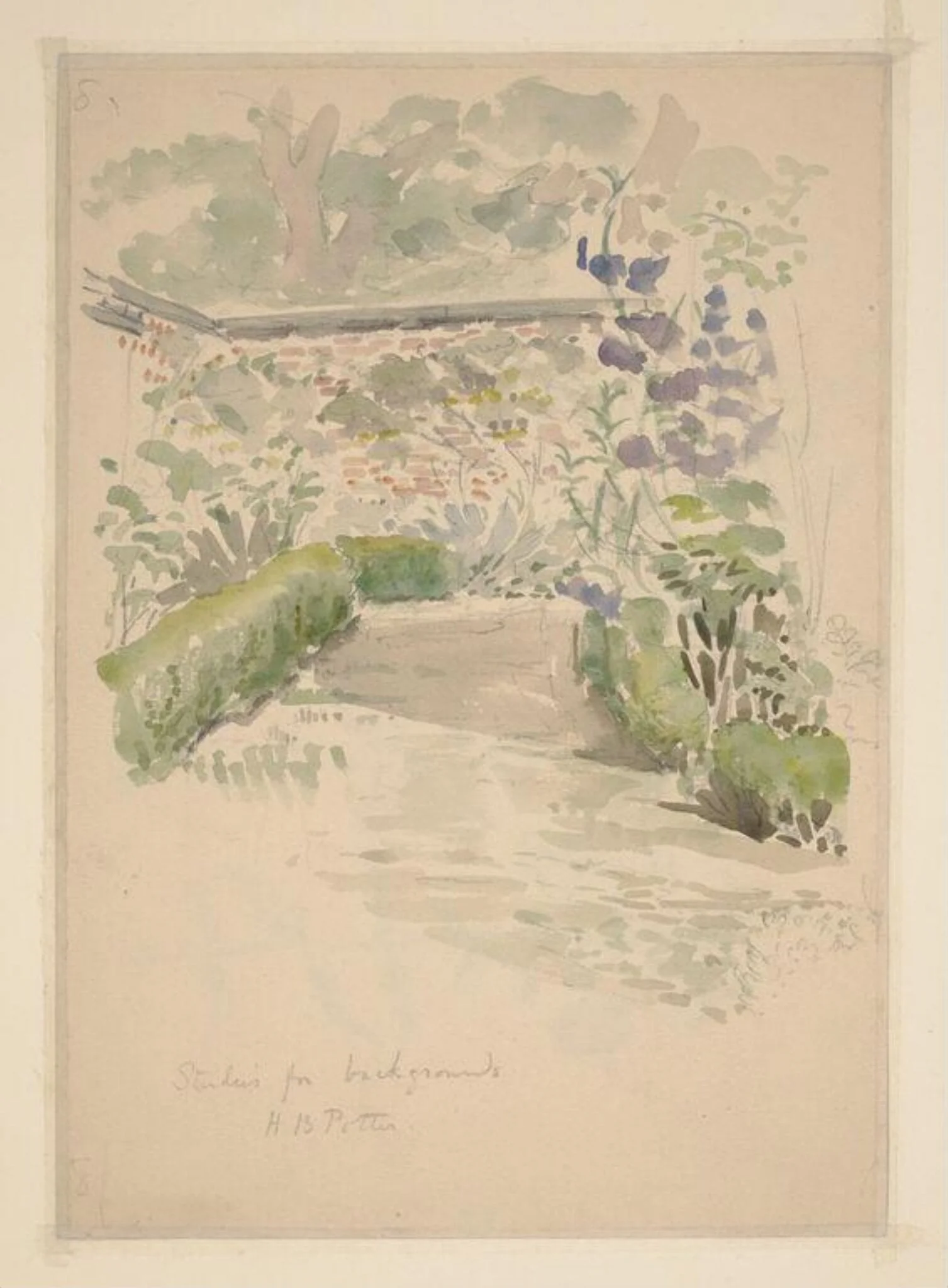 Sketch of the garden at Gwaynynog, Denbigh for <i>The Tale of the Flopsy Bunnies</i>