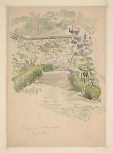 Sketch of the garden at Gwaynynog, Denbigh for <i>The Tale of the Flopsy Bunnies</i>
