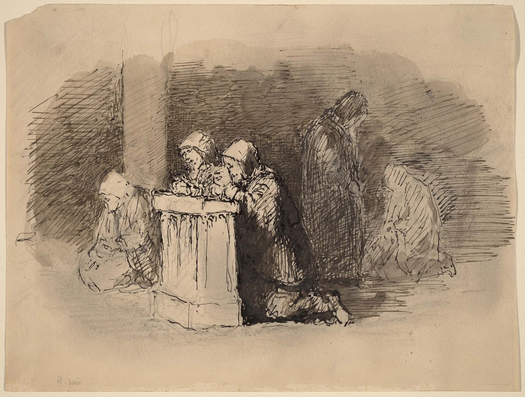 Praying Figures in a Church, Florence, by Robert Walter Weir, ink, 1826